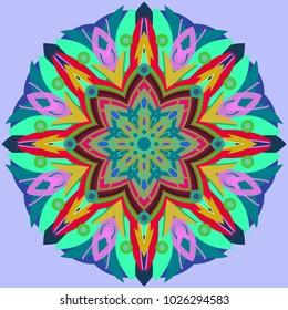 Simple colorful abstract mandala, ethno motive. Bright circular ornament consists of simple shapes. Stylized ethnic motive of East Asia. Vintage decorative elements. Circular ornament.