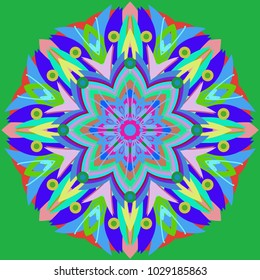 Simple colorful abstract mandala, ethno motive. Bright circular ornament consists of simple shapes. Stylized ethnic motive of East Asia. Vintage decorative elements. Circular ornament.