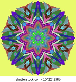 Simple colorful abstract mandala, ethno motive. Bright circular ornament consists of simple shapes. Stylized ethnic motive of East Asia. Vintage decorative elements. Circular ornament.