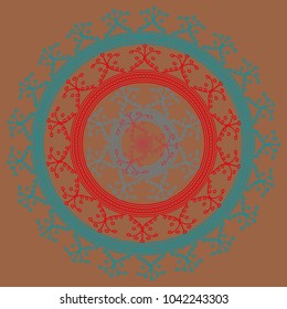 Simple colorful abstract mandala, ethno motive. Bright circular ornament consists of simple shapes. Stylized ethnic motive of East Asia. Vintage decorative elements. Circular ornament.