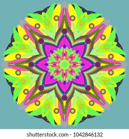 Simple colorful abstract mandala, ethno motive. Bright circular ornament consists of simple shapes. Stylized ethnic motive of East Asia. Vintage decorative elements. Circular ornament.