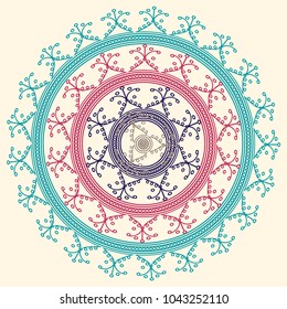 Simple colorful abstract mandala, ethno motive. Bright circular ornament consists of simple shapes. Stylized ethnic motive of East Asia. Vintage decorative elements. Circular ornament.
