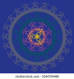 Simple colorful abstract mandala, ethno motive. Bright circular ornament consists of simple shapes. Stylized ethnic motive of East Asia. Vintage decorative elements. Circular ornament.