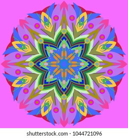 Simple colorful abstract mandala, ethno motive. Bright circular ornament consists of simple shapes. Stylized ethnic motive of East Asia. Vintage decorative elements. Circular ornament.