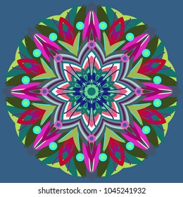 Simple colorful abstract mandala, ethno motive. Bright circular ornament consists of simple shapes. Stylized ethnic motive of East Asia. Vintage decorative elements. Circular ornament.