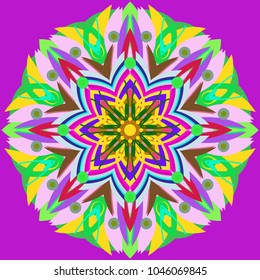 Simple colorful abstract mandala, ethno motive. Bright circular ornament consists of simple shapes. Stylized ethnic motive of East Asia. Vintage decorative elements. Circular ornament.