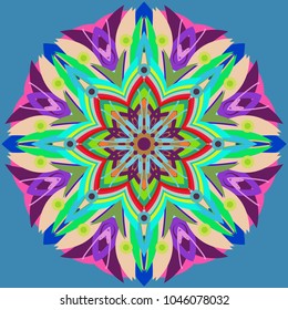 Simple colorful abstract mandala, ethno motive. Bright circular ornament consists of simple shapes. Stylized ethnic motive of East Asia. Vintage decorative elements. Circular ornament.