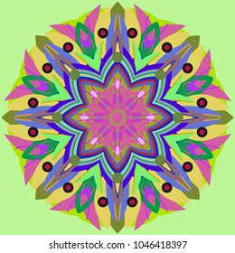 Simple colorful abstract mandala, ethno motive. Bright circular ornament consists of simple shapes. Stylized ethnic motive of East Asia. Vintage decorative elements. Circular ornament.