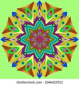 Simple colorful abstract mandala, ethno motive. Bright circular ornament consists of simple shapes. Stylized ethnic motive of East Asia. Vintage decorative elements. Circular ornament.