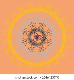 Simple colorful abstract mandala, ethno motive. Bright circular ornament consists of simple shapes. Stylized ethnic motive of East Asia. Vintage decorative elements. Circular ornament.