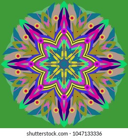 Simple colorful abstract mandala, ethno motive. Bright circular ornament consists of simple shapes. Stylized ethnic motive of East Asia. Vintage decorative elements. Circular ornament.