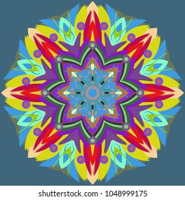 Simple colorful abstract mandala, ethno motive. Bright circular ornament consists of simple shapes. Stylized ethnic motive of East Asia. Vintage decorative elements. Circular ornament.