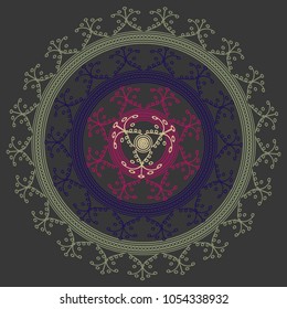 Simple colorful abstract mandala, ethno motive. Bright circular ornament consists of simple shapes. Stylized ethnic motive of East Asia. Vintage decorative elements. Circular ornament.