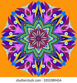 Simple colorful abstract mandala, ethno motive. Bright circular ornament consists of simple shapes. Stylized ethnic motive of East Asia. Vintage decorative elements. Circular ornament.
