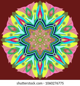 Simple colorful abstract mandala, ethno motive. Bright circular ornament consists of simple shapes. Stylized ethnic motive of East Asia. Vintage decorative elements. Circular ornament.