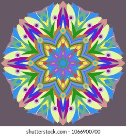 Simple colorful abstract mandala, ethno motive. Bright circular ornament consists of simple shapes. Stylized ethnic motive of East Asia. Vintage decorative elements. Circular ornament.