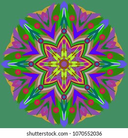 Simple colorful abstract mandala, ethno motive. Bright circular ornament consists of simple shapes. Stylized ethnic motive of East Asia. Vintage decorative elements. Circular ornament.