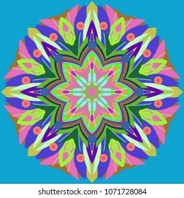 Simple colorful abstract mandala, ethno motive. Bright circular ornament consists of simple shapes. Stylized ethnic motive of East Asia. Vintage decorative elements. Circular ornament.