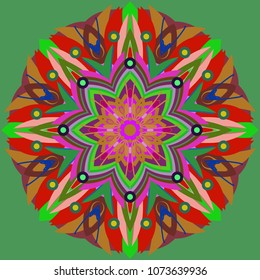 Simple colorful abstract mandala, ethno motive. Bright circular ornament consists of simple shapes. Stylized ethnic motive of East Asia. Vintage decorative elements. Circular ornament.