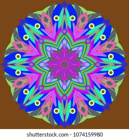 Simple colorful abstract mandala, ethno motive. Bright circular ornament consists of simple shapes. Stylized ethnic motive of East Asia. Vintage decorative elements. Circular ornament.