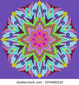 Simple colorful abstract mandala, ethno motive. Bright circular ornament consists of simple shapes. Stylized ethnic motive of East Asia. Vintage decorative elements. Circular ornament.