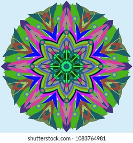 Simple colorful abstract mandala, ethno motive. Bright circular ornament consists of simple shapes. Stylized ethnic motive of East Asia. Vintage decorative elements. Circular ornament.