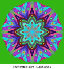 Simple colorful abstract mandala, ethno motive. Bright circular ornament consists of simple shapes. Stylized ethnic motive of East Asia. Vintage decorative elements. Circular ornament.