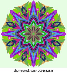 Simple colorful abstract mandala, ethno motive. Bright circular ornament consists of simple shapes. Stylized ethnic motive of East Asia. Vintage decorative elements. Circular ornament.