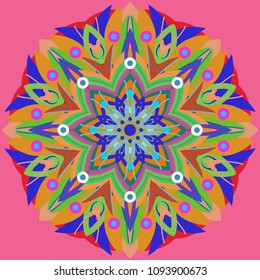 Simple colorful abstract mandala, ethno motive. Bright circular ornament consists of simple shapes. Stylized ethnic motive of East Asia. Vintage decorative elements. Circular ornament.