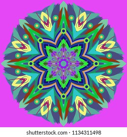 Simple colorful abstract mandala, ethno motive. Bright circular ornament consists of simple shapes. Stylized ethnic motive of East Asia. Vintage decorative elements. Circular ornament.