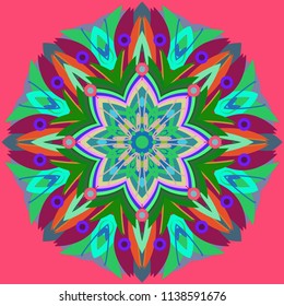 Simple colorful abstract mandala, ethno motive. Bright circular ornament consists of simple shapes. Stylized ethnic motive of East Asia. Vintage decorative elements. Circular ornament.