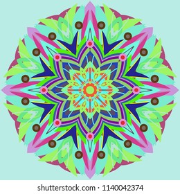 Simple colorful abstract mandala, ethno motive. Bright circular ornament consists of simple shapes. Stylized ethnic motive of East Asia. Vintage decorative elements. Circular ornament.
