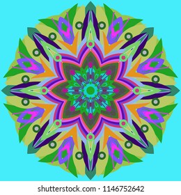 Simple colorful abstract mandala, ethno motive. Bright circular ornament consists of simple shapes. Stylized ethnic motive of East Asia. Vintage decorative elements. Circular ornament.