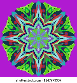 Simple colorful abstract mandala, ethno motive. Bright circular ornament consists of simple shapes. Stylized ethnic motive of East Asia. Vintage decorative elements. Circular ornament.