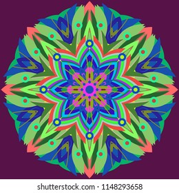 Simple colorful abstract mandala, ethno motive. Bright circular ornament consists of simple shapes. Stylized ethnic motive of East Asia. Vintage decorative elements. Circular ornament.