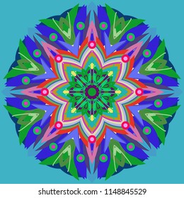Simple colorful abstract mandala, ethno motive. Bright circular ornament consists of simple shapes. Stylized ethnic motive of East Asia. Vintage decorative elements. Circular ornament.