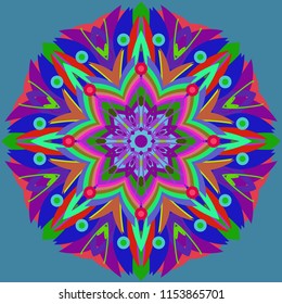 Simple colorful abstract mandala, ethno motive. Bright circular ornament consists of simple shapes. Stylized ethnic motive of East Asia. Vintage decorative elements. Circular ornament.