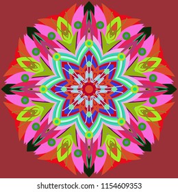 Simple colorful abstract mandala, ethno motive. Bright circular ornament consists of simple shapes. Stylized ethnic motive of East Asia. Vintage decorative elements. Circular ornament.