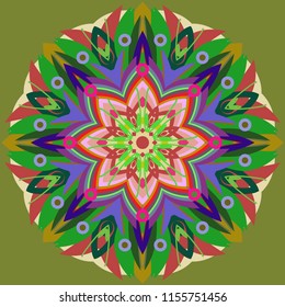Simple colorful abstract mandala, ethno motive. Bright circular ornament consists of simple shapes. Stylized ethnic motive of East Asia. Vintage decorative elements. Circular ornament.
