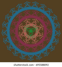Simple colorful abstract mandala, ethno motive. Bright circular ornament consists of simple shapes. Stylized ethnic motive of East Asia. Vintage decorative elements. Circular ornament.