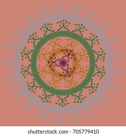 Simple colorful abstract mandala, ethno motive. Bright circular ornament consists of simple shapes. Stylized ethnic motive of East Asia. Vintage decorative elements. Circular ornament.