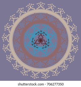 Simple colorful abstract mandala, ethno motive. Bright circular ornament consists of simple shapes. Stylized ethnic motive of East Asia. Vintage decorative elements. Circular ornament.