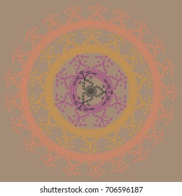 Simple colorful abstract mandala, ethno motive. Bright circular ornament consists of simple shapes. Stylized ethnic motive of East Asia. Vintage decorative elements. Circular ornament.