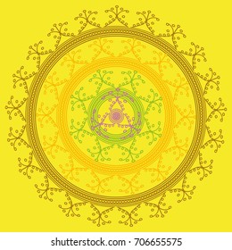 Simple colorful abstract mandala, ethno motive. Bright circular ornament consists of simple shapes. Stylized ethnic motive of East Asia. Vintage decorative elements. Circular ornament.