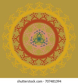 Simple colorful abstract mandala, ethno motive. Bright circular ornament consists of simple shapes. Stylized ethnic motive of East Asia. Vintage decorative elements. Circular ornament.
