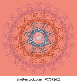 Simple colorful abstract mandala, ethno motive. Bright circular ornament consists of simple shapes. Stylized ethnic motive of East Asia. Vintage decorative elements. Circular ornament.