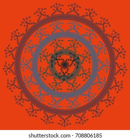 Simple colorful abstract mandala, ethno motive. Bright circular ornament consists of simple shapes. Stylized ethnic motive of East Asia. Vintage decorative elements. Circular ornament.