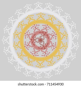Simple colorful abstract mandala, ethno motive. Bright circular ornament consists of simple shapes. Stylized ethnic motive of East Asia. Vintage decorative elements. Circular ornament.