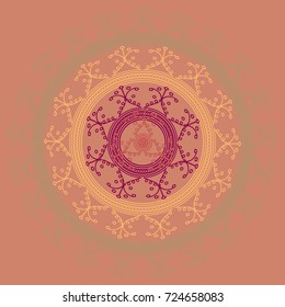 Simple colorful abstract mandala, ethno motive. Bright circular ornament consists of simple shapes. Stylized ethnic motive of East Asia. Vintage decorative elements. Circular ornament.