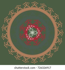Simple colorful abstract mandala, ethno motive. Bright circular ornament consists of simple shapes. Stylized ethnic motive of East Asia. Vintage decorative elements. Circular ornament.